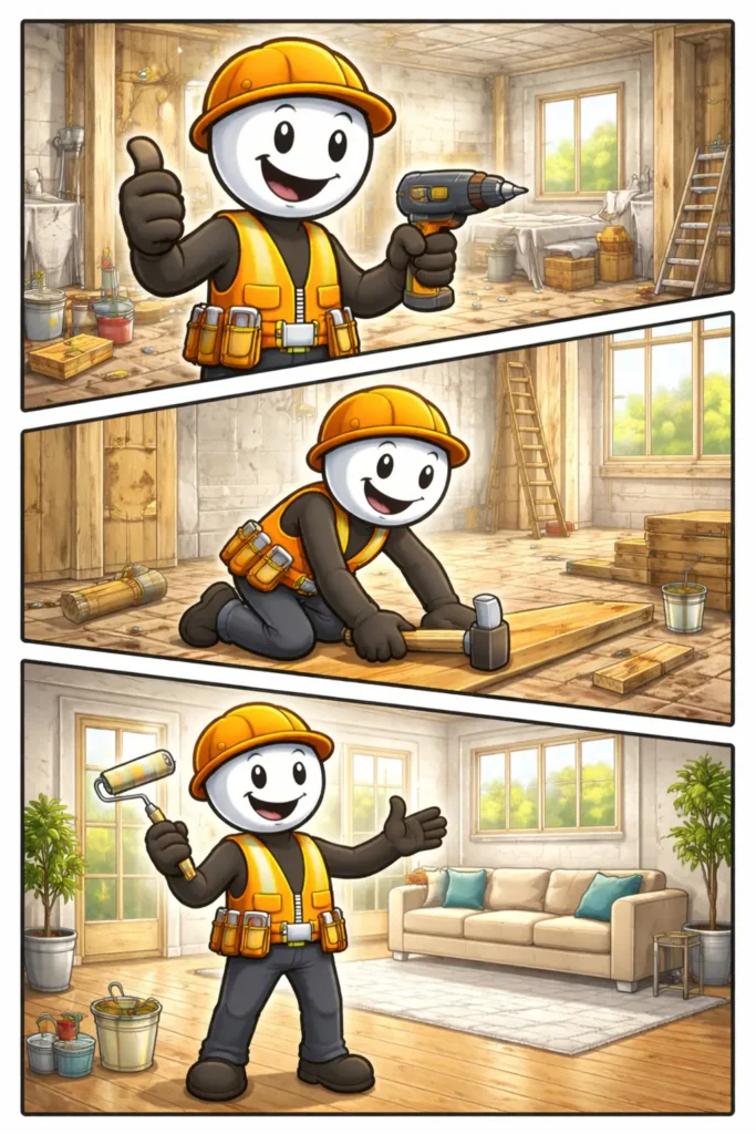 Toonwords-stripafbeelding van een stickman die een ruimte renoveert, van oud en onafgewerkt naar fris en vernieuwd, bij het Nederlandse woord Renovatie.