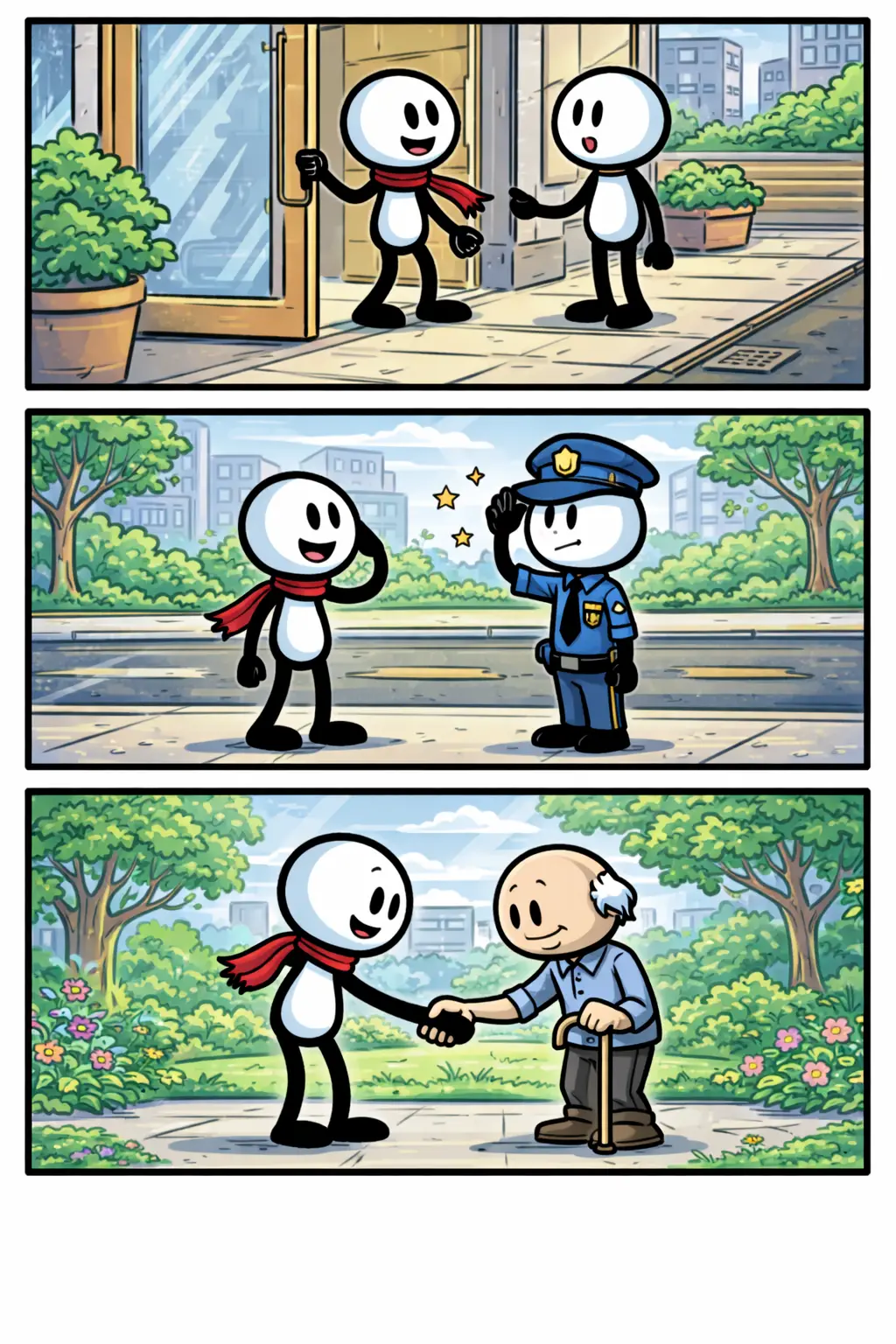 Driepanelige stripillustratie in Toonwords-stijl van een stickman die respect toont, met rustige gebaren en harmonische interactie, passend bij het woord Respect.