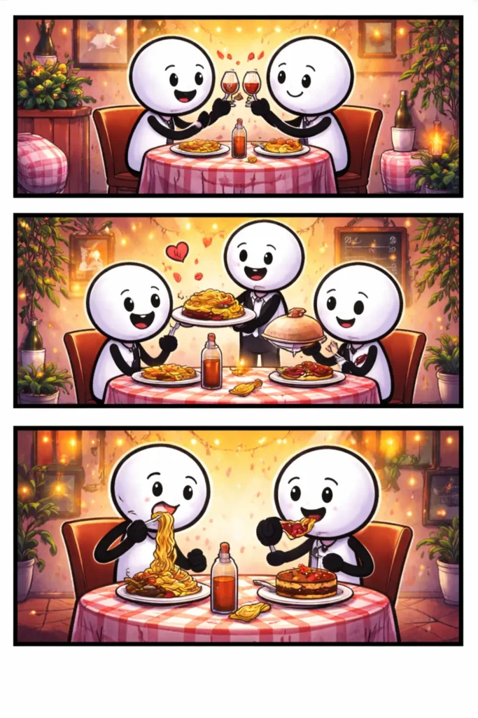 Strip met drie panelen van stickman in Restaurant, samen eten aan tafel.