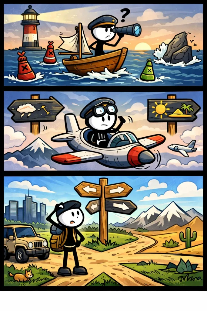 Stripafbeelding met drie verticale panelen van een stickman in Toonwords-stijl die Richting zoekt op zee, in de lucht en op het land, zonder tekst en met zwart kader.