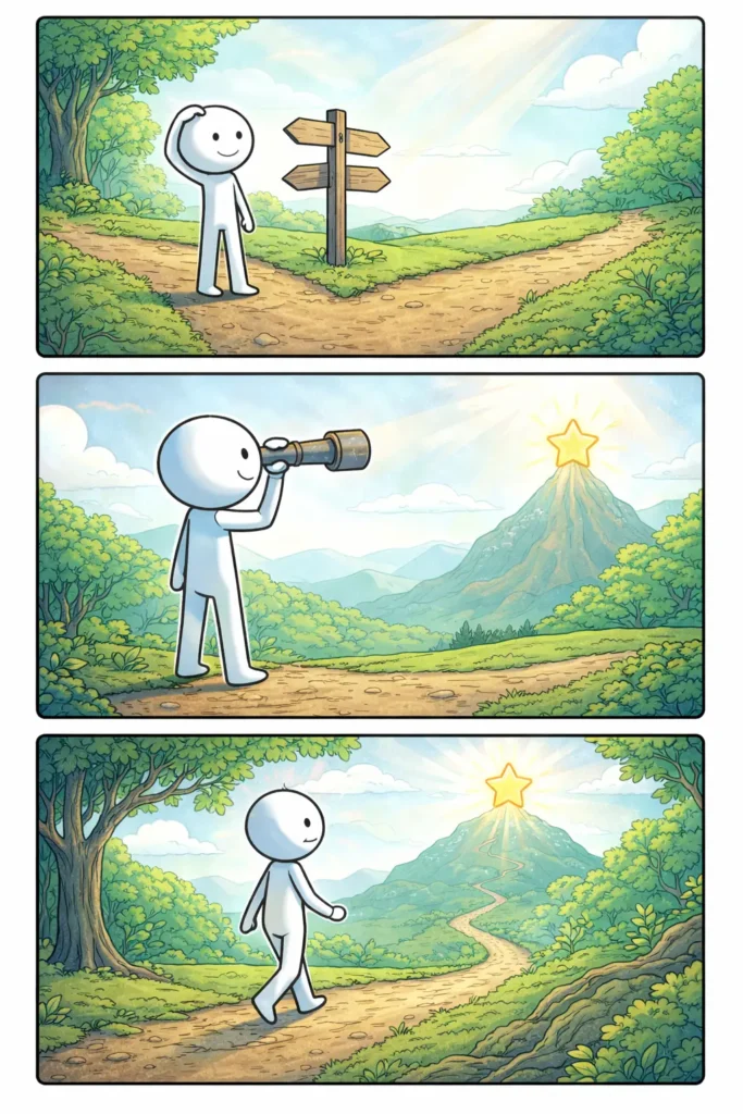 Toonwords-strip met drie panelen van een stickman die Richting laat zien door te kiezen, kijken en vooruit te lopen.