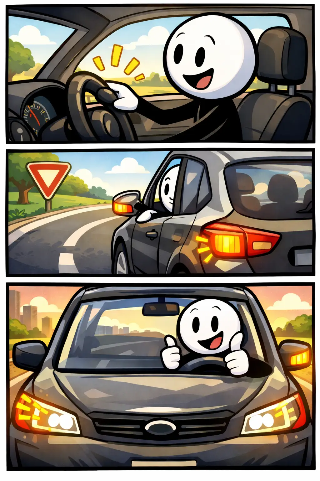 Stripafbeelding in Toonwords-stijl van een stickman die vriendelijk de richtingaanwijzer gebruikt in de auto.