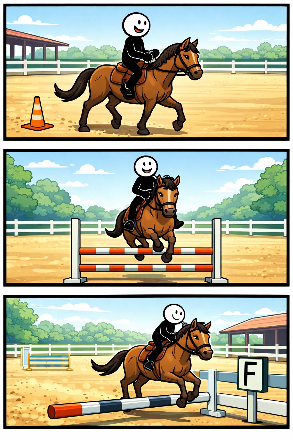 In een rijbak beweegt een stickman met een paard zodat rijbak duidelijk zichtbaar wordt.