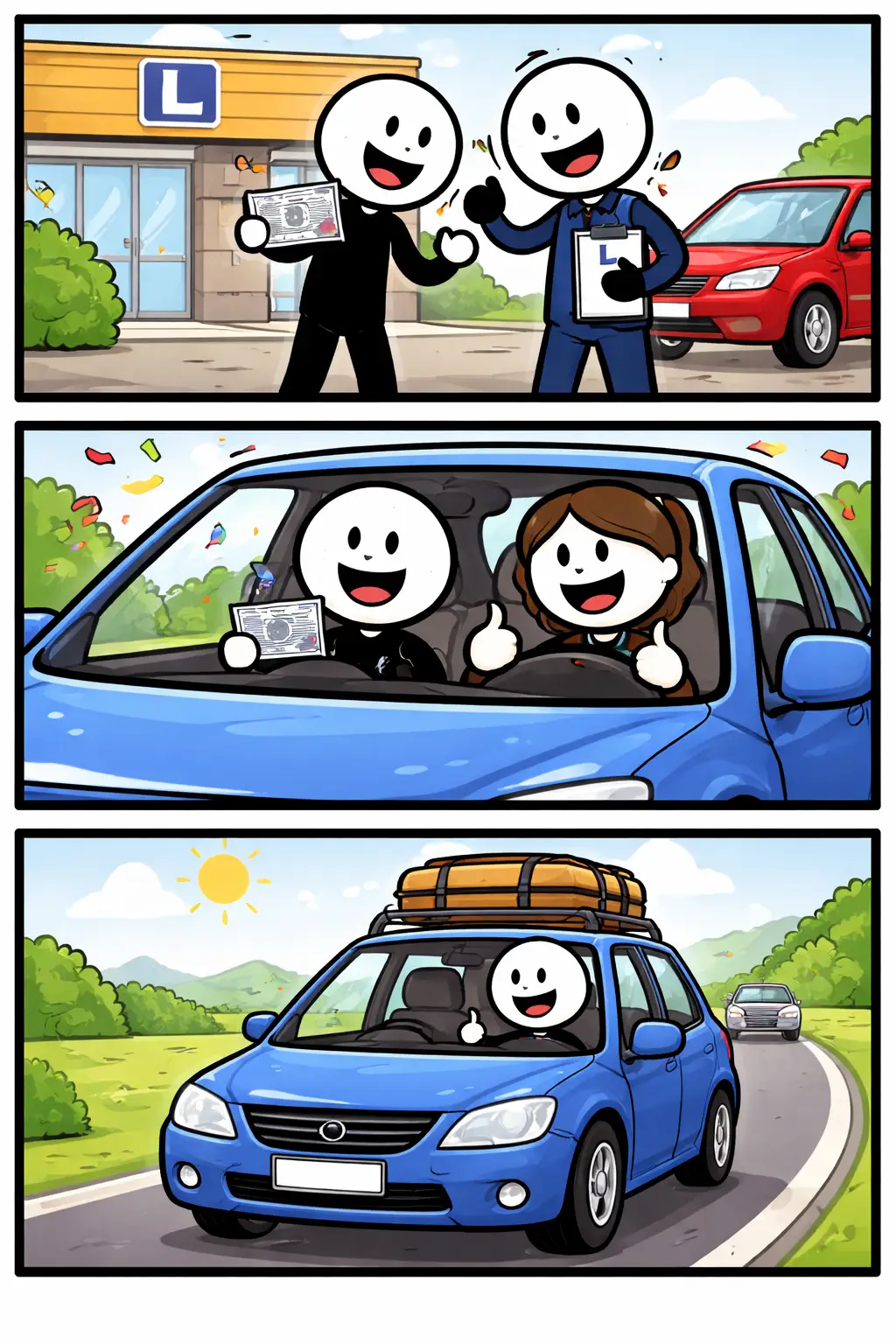 Een vrolijke strip waarin een stickman zijn rijbewijs ontvangt en trots de weg op gaat, passend bij het woord rijbewijs.
