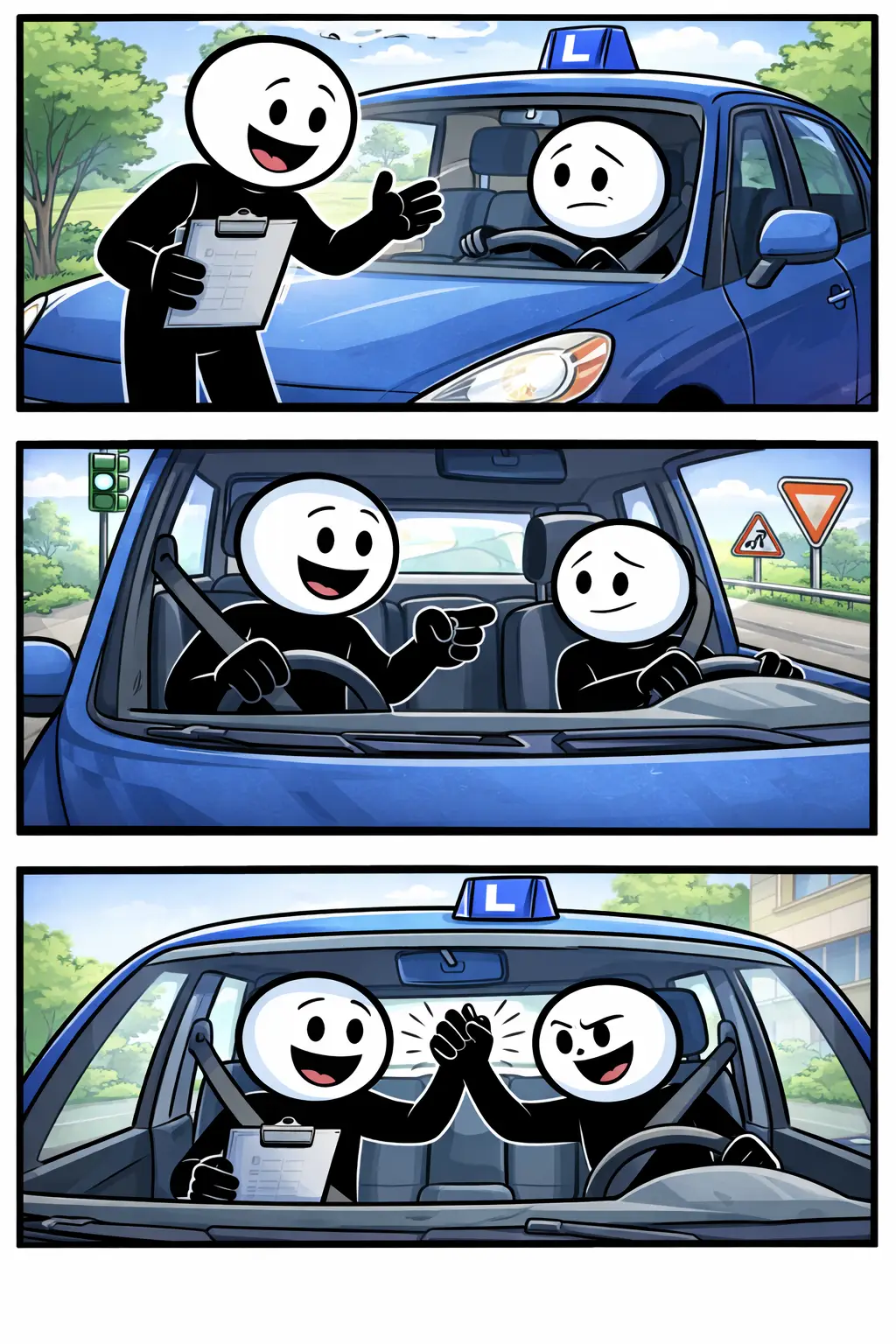 Een rijinstructeur begeleidt een leerling in drie scènes met duidelijke positieve acties.