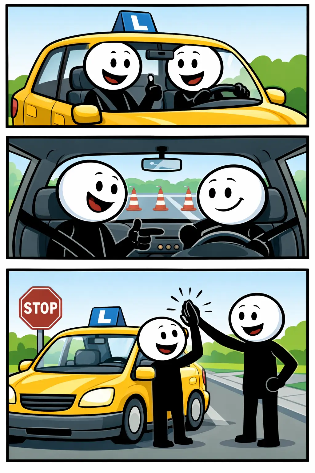Een stickman volgt enthousiast een rijles in drie panelen met verschillende scènes.