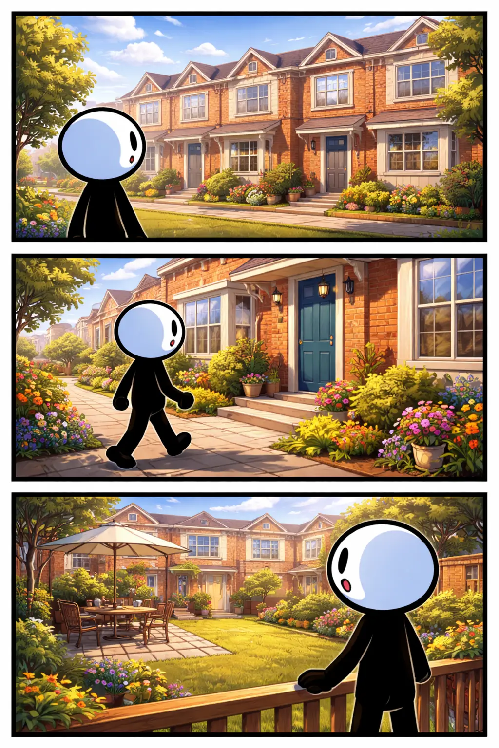 Stripafbeelding van een stickman met witte kop en zwart lichaam bij een rijtjeswoning, lopend naar de voordeur en kijkend vanuit de achtertuin in drie panelen.