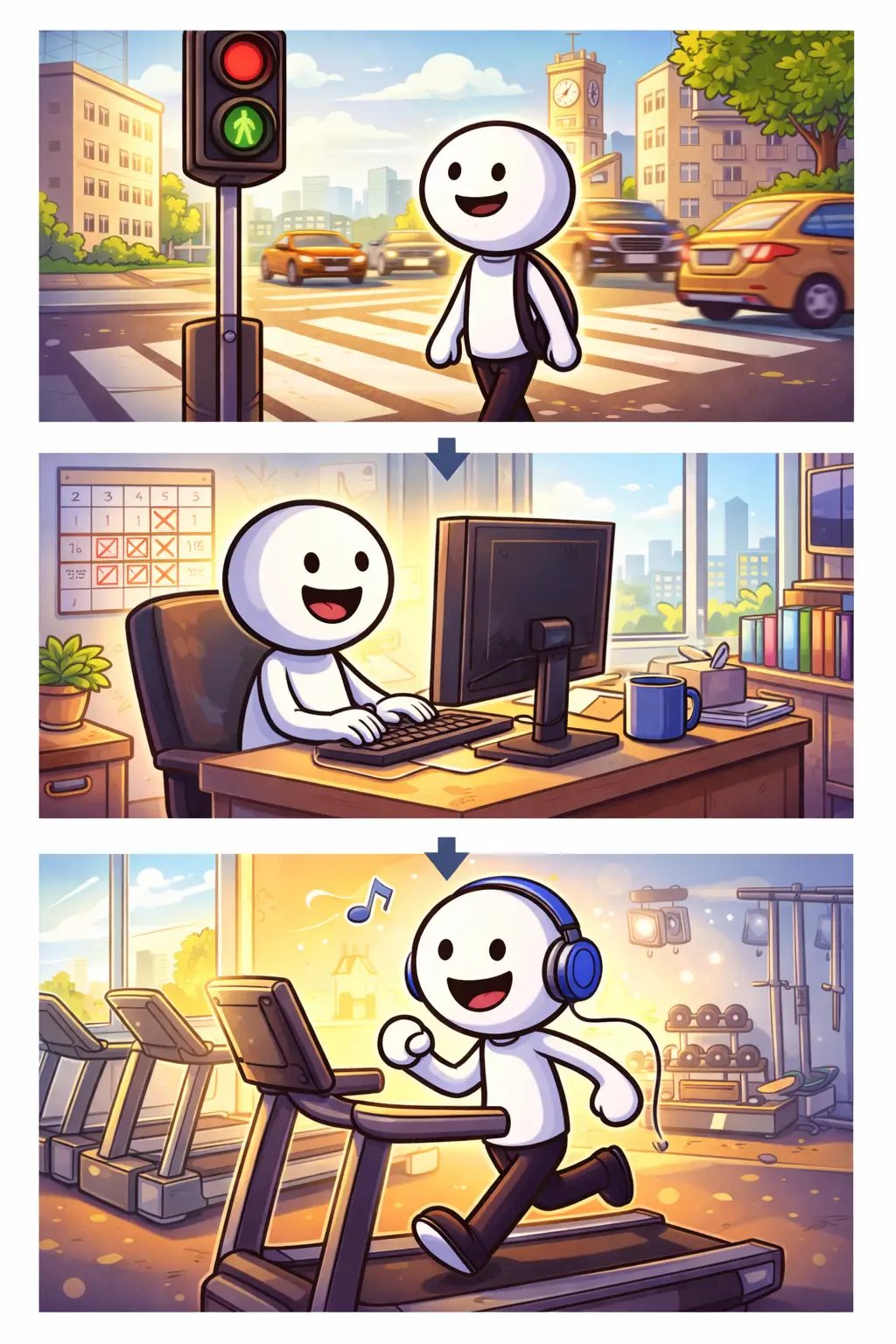 Stripafbeelding van een stickman in Toonwords-stijl die een dagelijks ritme volgt, met terugkerende momenten door de dag heen.