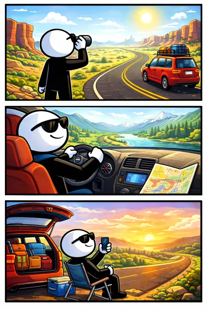 Toonwords-stripafbeelding van Roadtrip met een stickman die in drie panelen al rijdend vrijheid, landschap en het plezier van onderweg zijn ervaart.