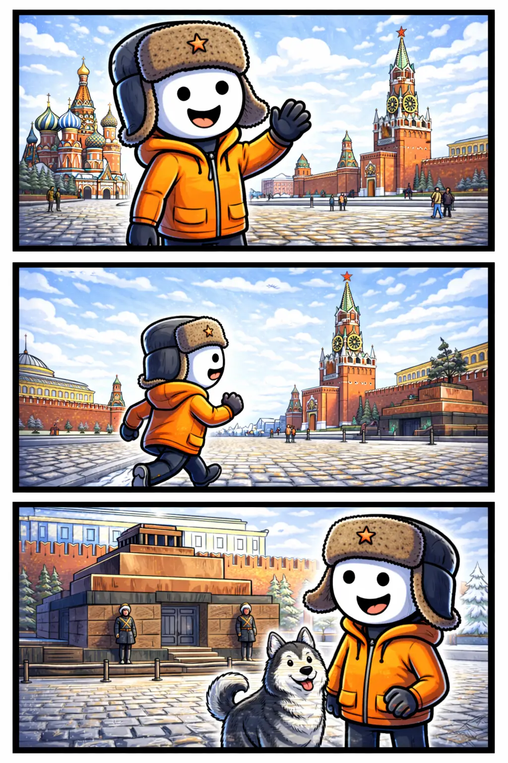 Stickman in Toonwords-stijl op het Rode Plein in Moskou, met bekende gebouwen op de achtergrond en het woord Rode Plein als thema.