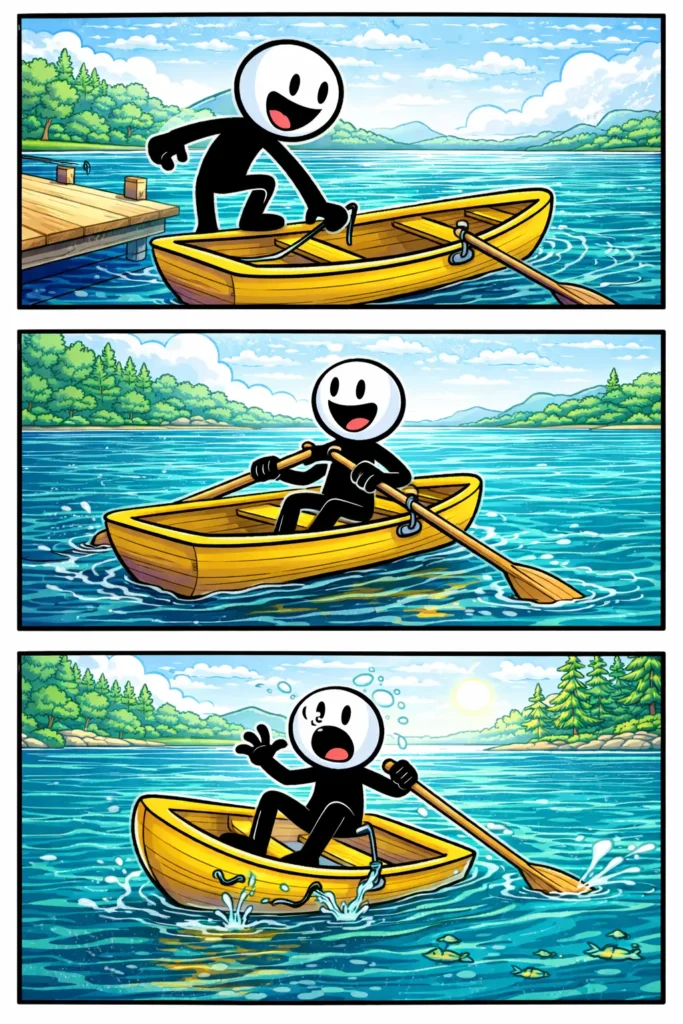 Stripafbeelding met drie panelen van een stickman in Toonwords-stijl die instapt in een roeiboot, roeit en schrikt door een lekkende boot.