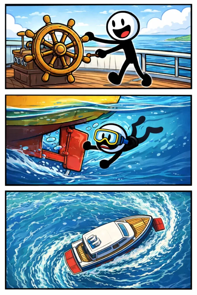 Stripafbeelding met drie panelen van een stickman in Toonwords-stijl die het roer van een boot gebruikt en een bocht maakt op zee.