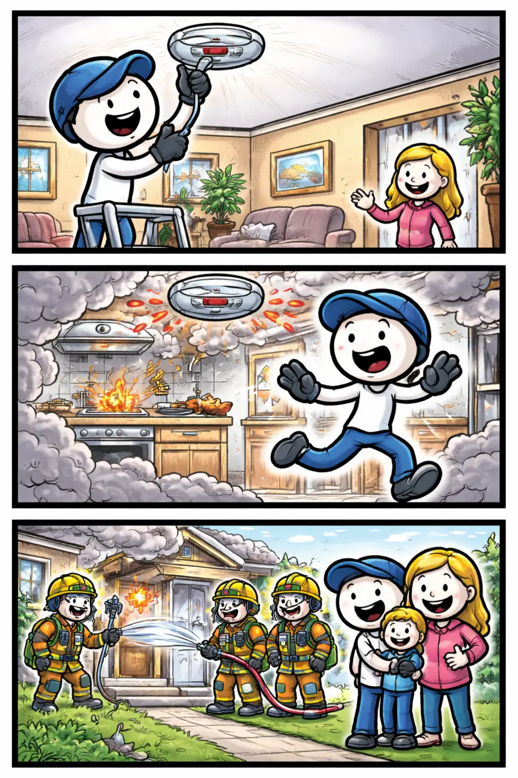 Stripafbeelding van een rookmelder in huis met een stickman die veilig reageert op het alarm.