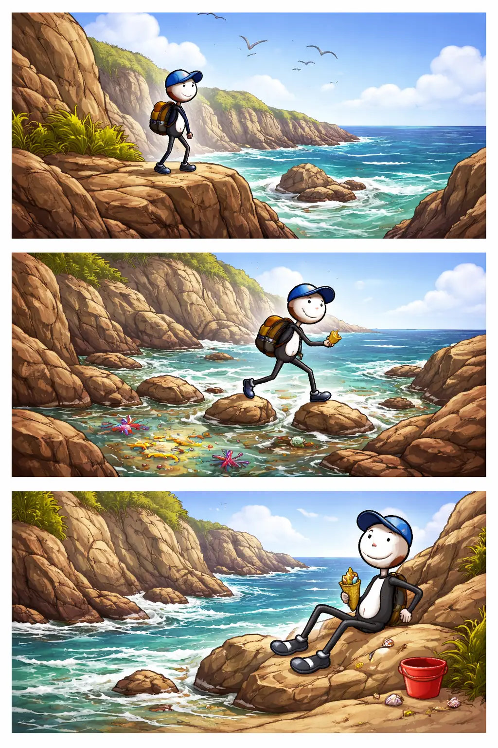 Drie-panelen stripafbeelding van een stickman langs een rotskust met kliffen, zee en golven vanuit verschillende camerastandpunten.