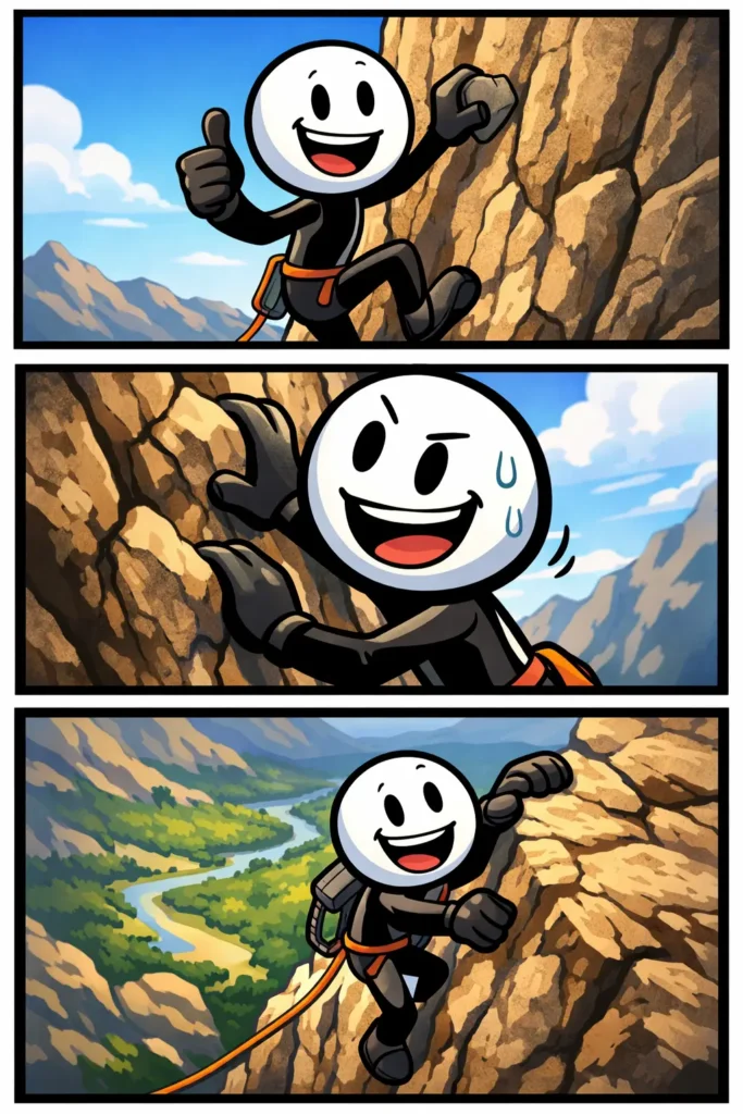 Stickman klimt tegen een steile rotswand in drie panelen, onderdeel van het Toonword Rotswand.