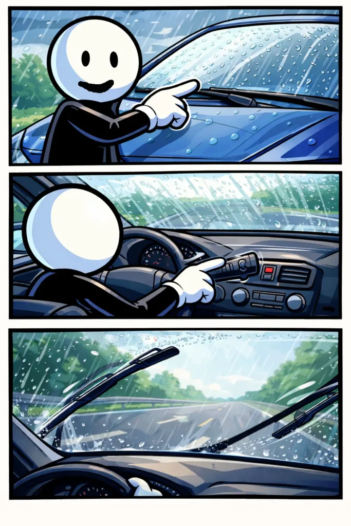 Toonwords-strip met een stickman die van buiten naar de ruitenwisser wijst, binnen de bediening toont en ruitenwissers die bewegen op de voorruit.