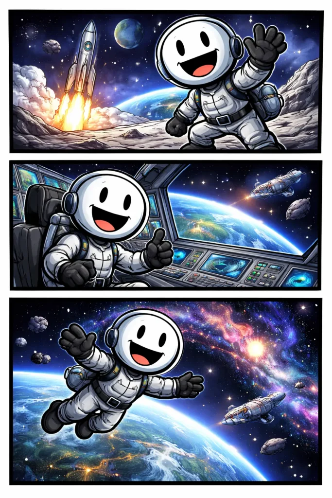 Stickman-astronaut die boven de aarde zweeft en de schoonheid van de ruimte bewondert — ruimtevaart.