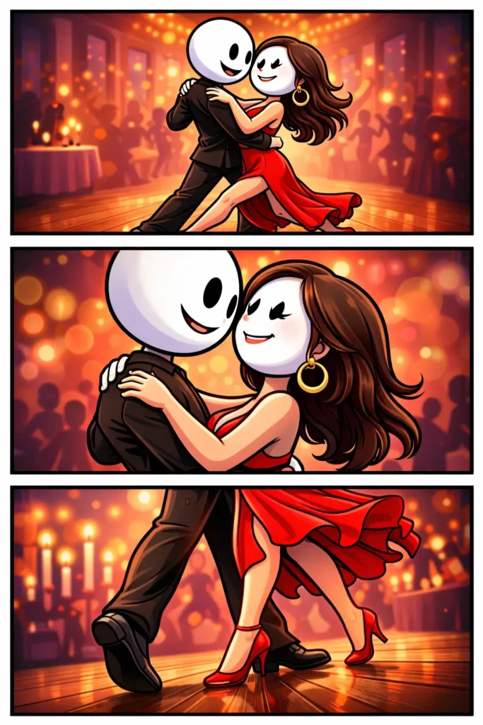 Stripafbeelding in Toonwords-stijl van een stickman-koppel dat de Rumba danst, weergegeven in drie verticale panelen met verschillende camerastandpunten en vloeiende, expressieve bewegingen.