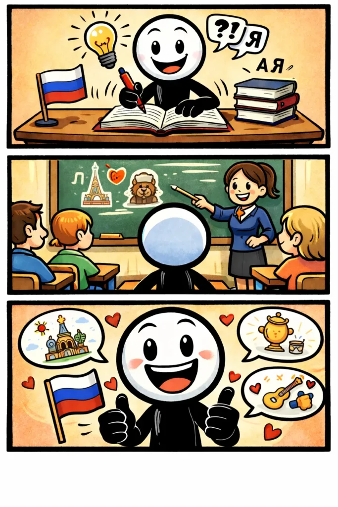 Stickman die enthousiast de Russische taal leert, met het woord Russisch centraal uitgebeeld.