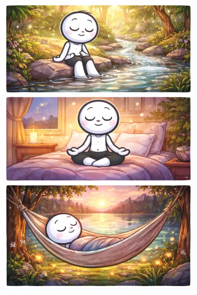 Driepanelige stripafbeelding van een stickman in Toonwords-stijl die rustig is, zittend bij water, ontspannend binnen en liggend in een hangmat bij een kalm meer.