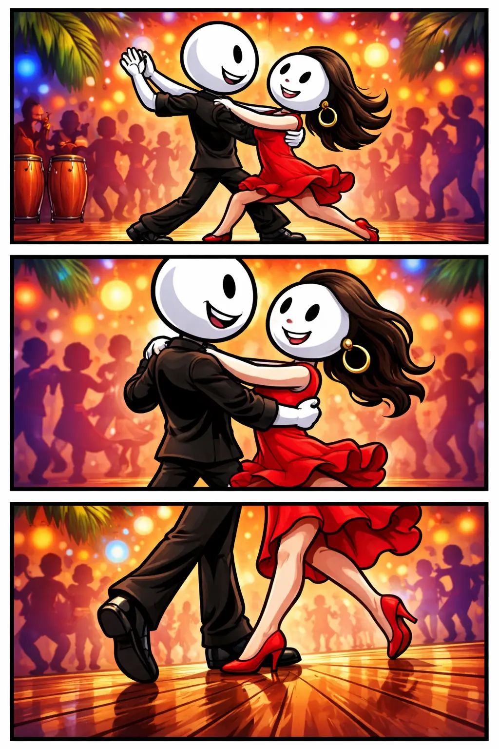 Stripafbeelding in Toonwords-stijl van een stickman-koppel dat de Salsa danst, weergegeven in drie verticale panelen met verschillende camerastandpunten en expressieve bewegingen.