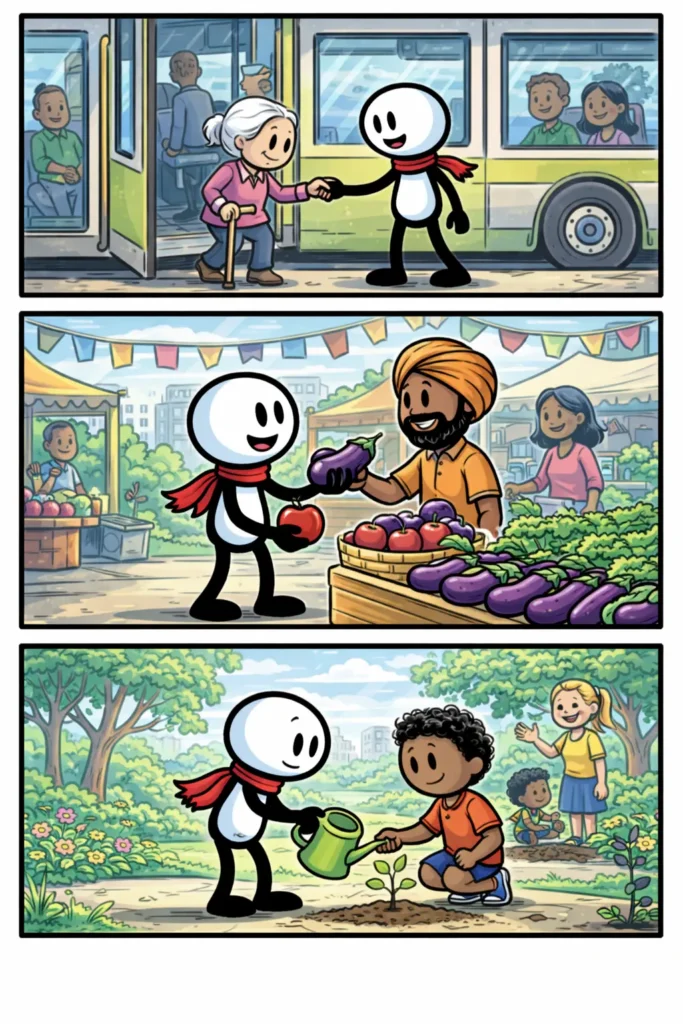 Driepanelige stripillustratie in Toonwords-stijl van een stickman die verschillende aspecten van de Samenleving laat zien, zoals samenwerking en samen leven.