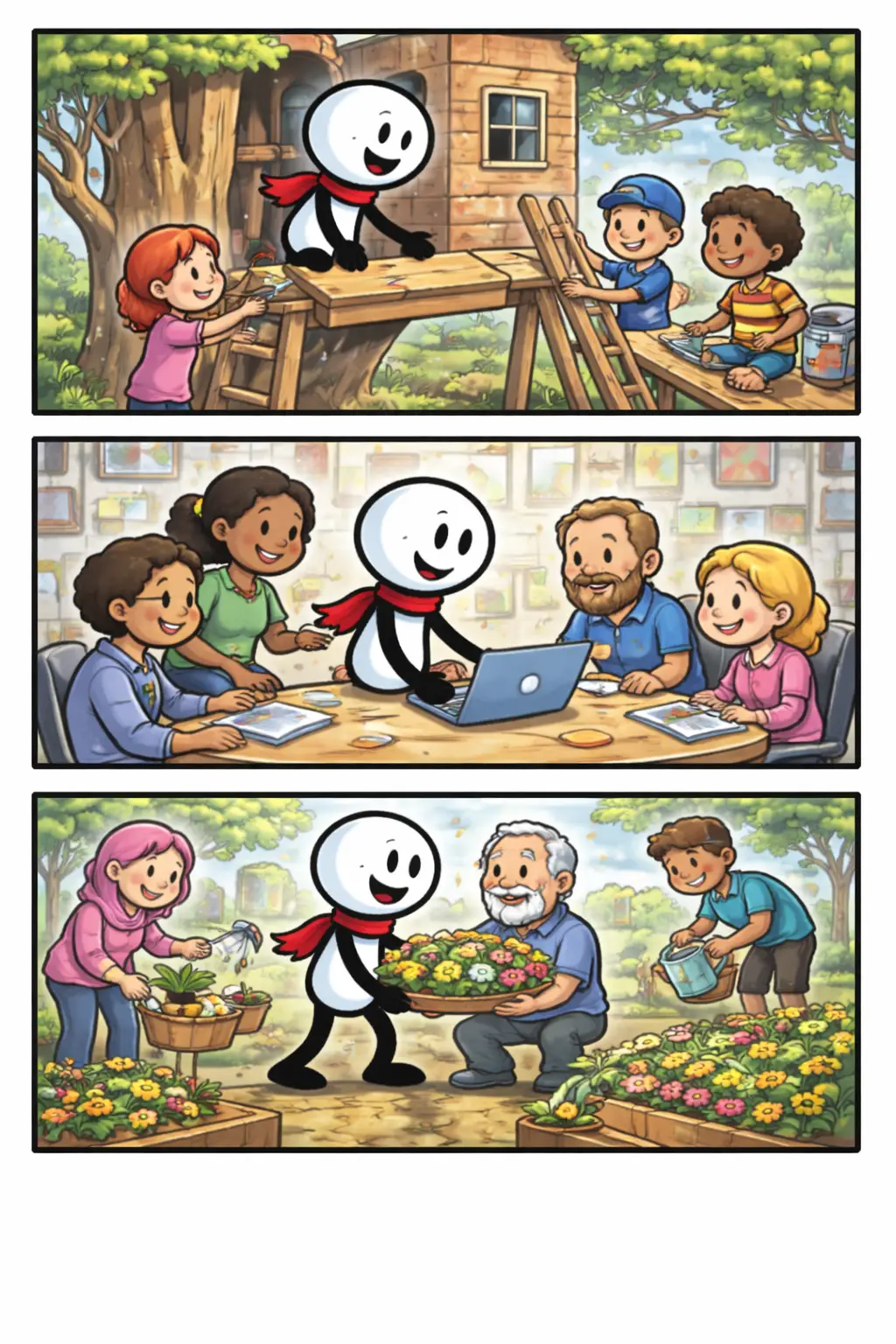 Drie panelen onder elkaar in Toonwords-stijl met een stickman die Samenwerking laat zien door samen met anderen taken uit te voeren en doelen te bereiken.