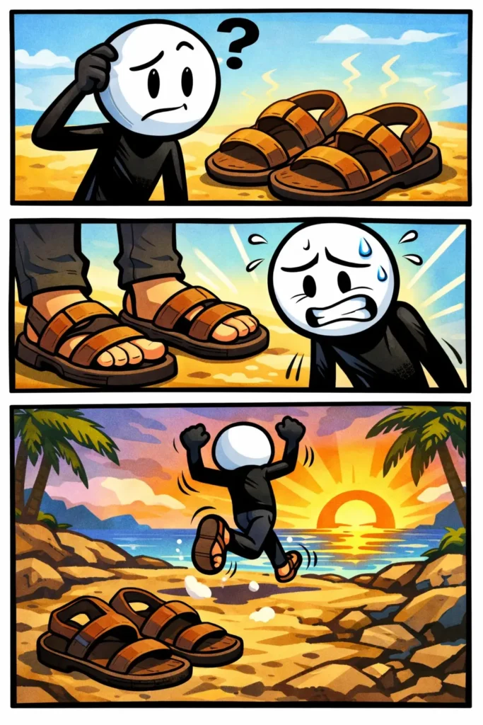 Stickman in Toonwords-stijl die sandalen bekijkt en draagt in drie verschillende panelen.