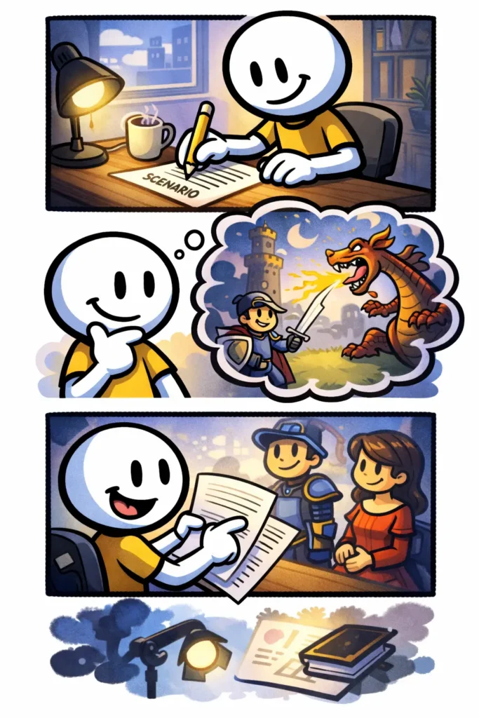 Stripafbeelding in Toonwords-stijl met een stickman die een scenario schrijft, scènes bedenkt en het verhaal tot leven brengt bij het woord Scenario.