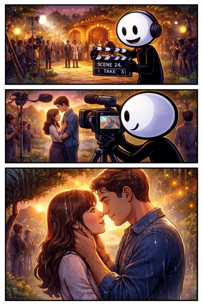 Toonwords-strip met een stickman in drie verticale panelen die verschillende camerastandpunten van een filmscène laten zien.