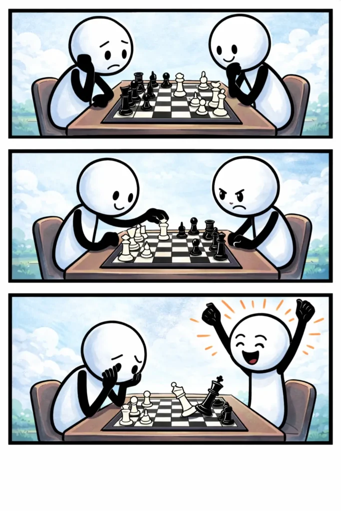 Stickman in Toonwords-stijl zit aan tafel bij een schaakbord met zwart-witte vakjes en schaakstukken, zonder tekst.