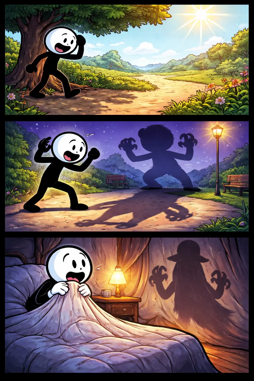 Drie verticale strippanelen met een stickman in Toonwords-stijl die een schaduw ziet.