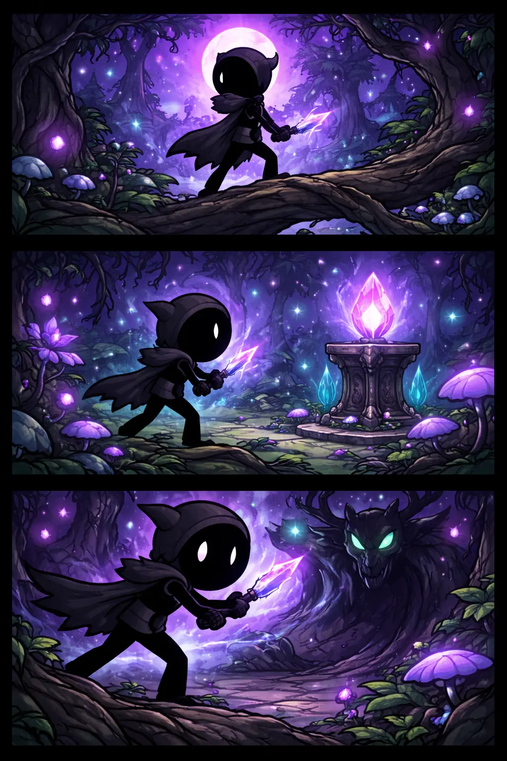 Stripafbeelding van een stickman als Schaduwelf die met een lichtgevend mes door een donker, magisch bos sluipt.