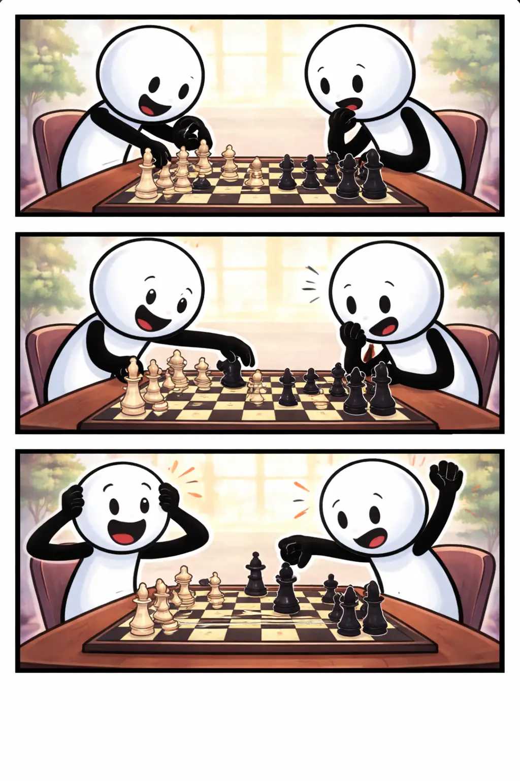 Stickman in Toonwords-stijl die geconcentreerd schaakt aan een tafel met een schaakbord en schaakstukken.