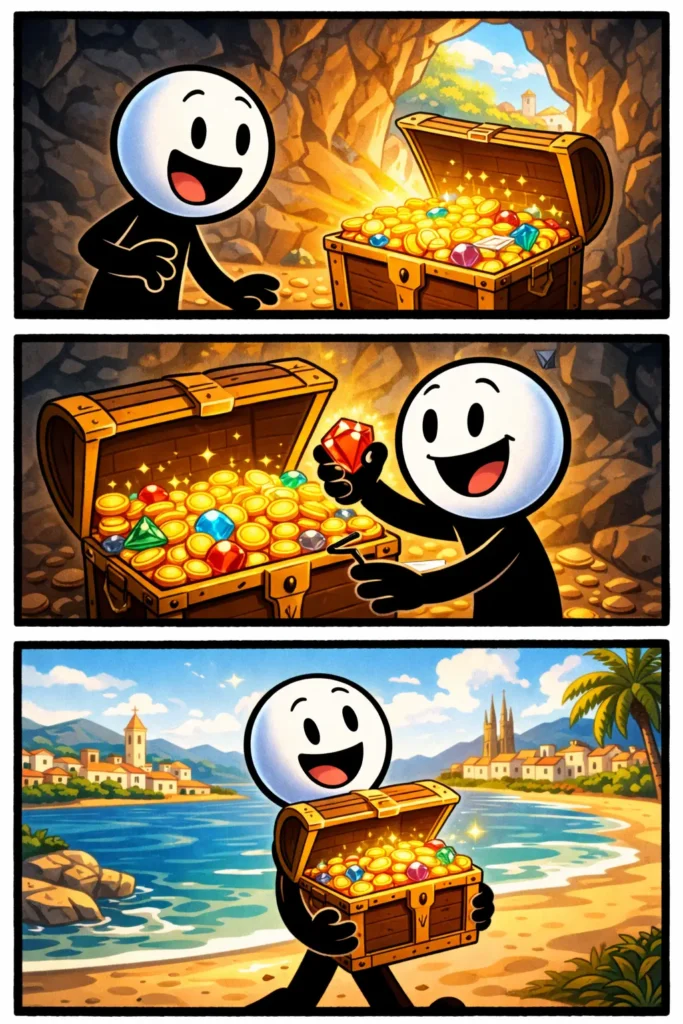 Toonwords-afbeelding van een schatkist met een vrolijke stickman, passend bij het woord schatkist.