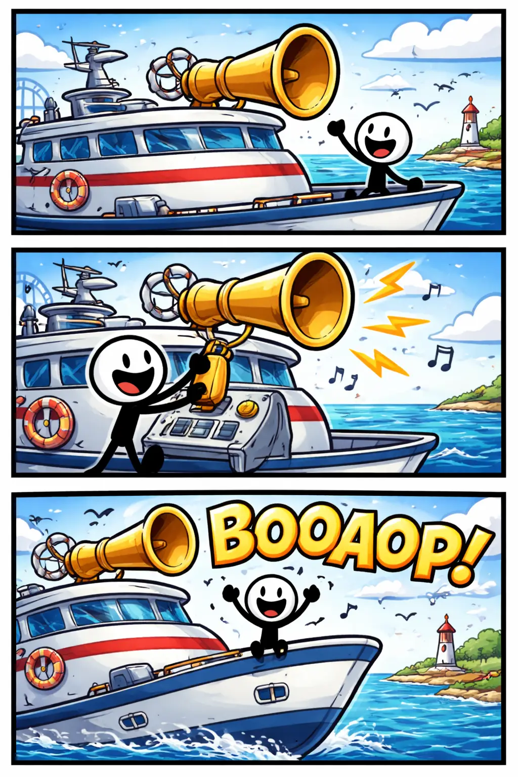 Stripafbeelding met drie panelen van een stickman in Toonwords-stijl die een scheepshoorn gebruikt op verschillende schepen.