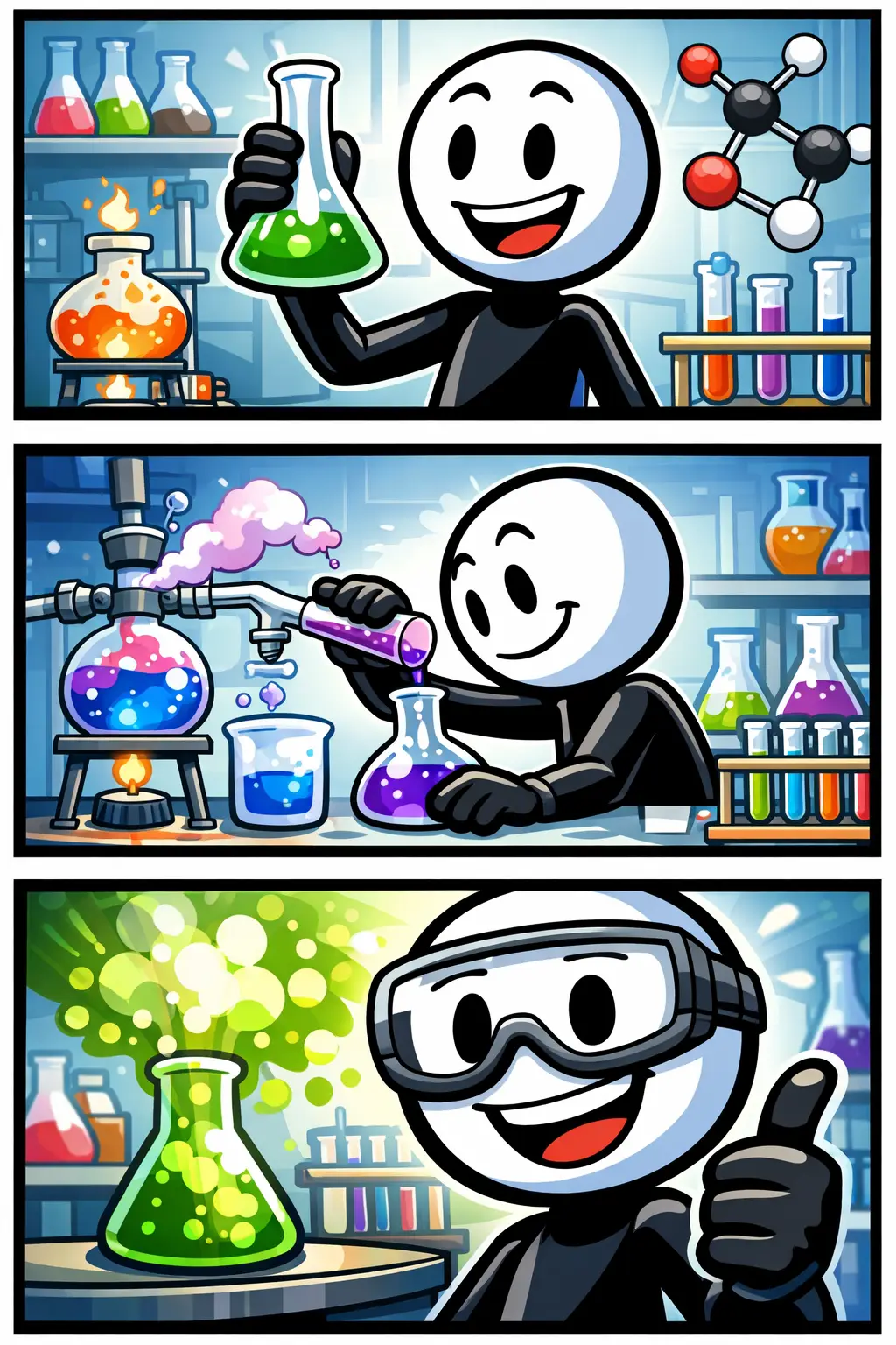 Een kleurrijke stripafbeelding van een stickman die in drie panelen verschillende scheikunde-experimenten uitvoert.