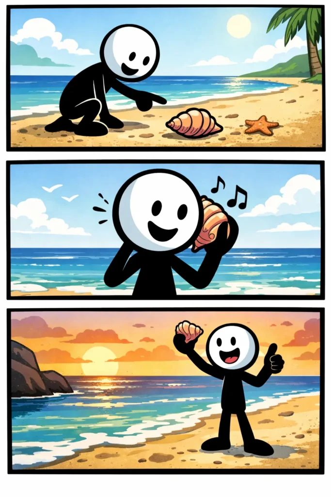 Een stickman kijkt blij naar een gevonden schelp op het strand en houdt de schelp omhoog.