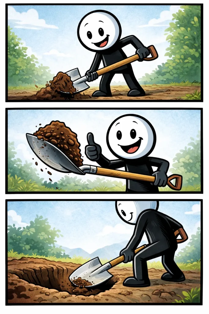 Stickman werkt met een schep in drie scènes — aarde verplaatsen in Toonwords-stijl, Schep.