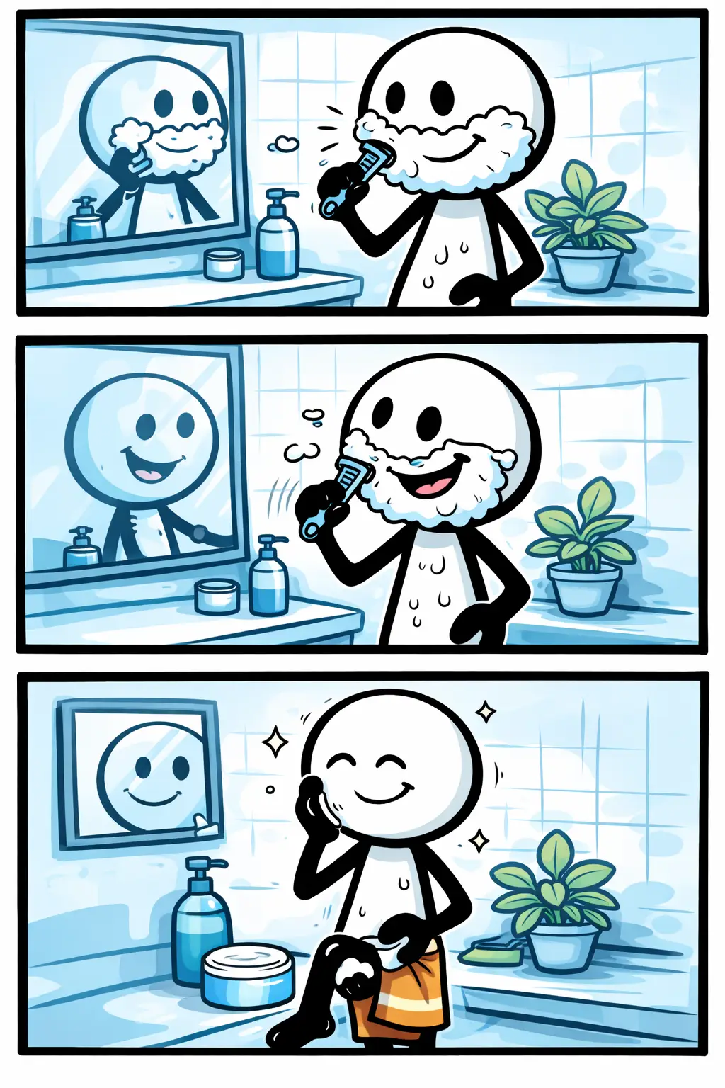 Stripafbeelding met drie panelen van een stickman die zich scheert, passend bij het woord Scheren.