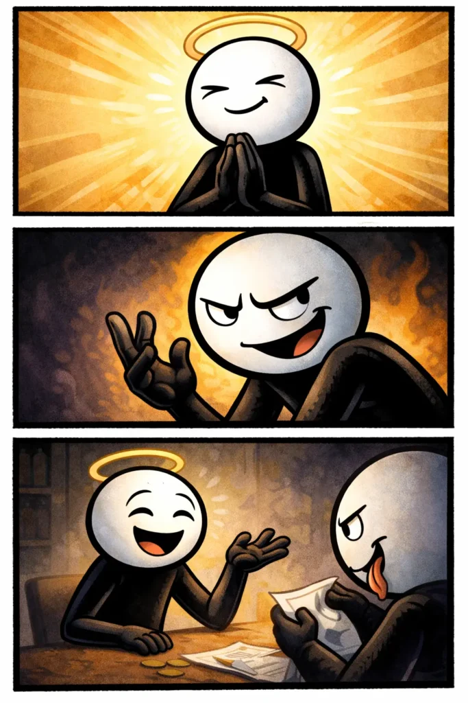 Stickman in Toonwords-stijl die schijnheilig gedrag toont in drie panelen. Jetten, Klaver, von der Leyen, D66.