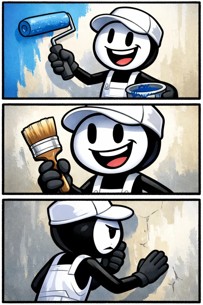 Stickman schilder staat vrolijk voor een kleurrijk kunstwerk op een ezel, passend bij het Nederlandse woord schilder.