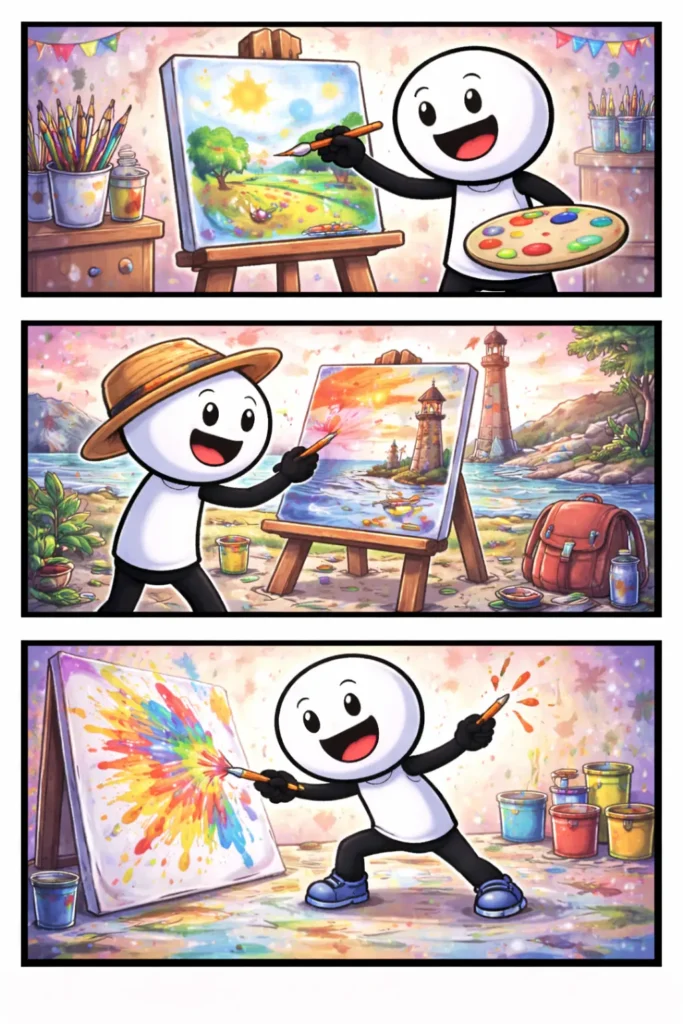 Drie-panelen stripafbeelding in Toonwords-stijl van een stickman die aan het schilderen is met verf en penselen, passend bij het Nederlandse woord Schilderen.