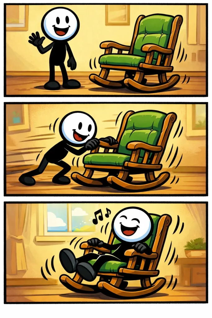 Stickman zit op een schommelstoel en schommelt rustig in een kamer.