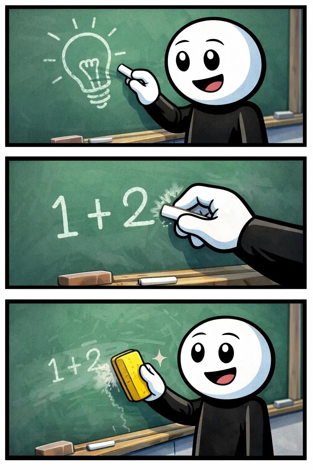 Stickman die iets tekent op een klassiek groen schoolbord – Schoolbord.