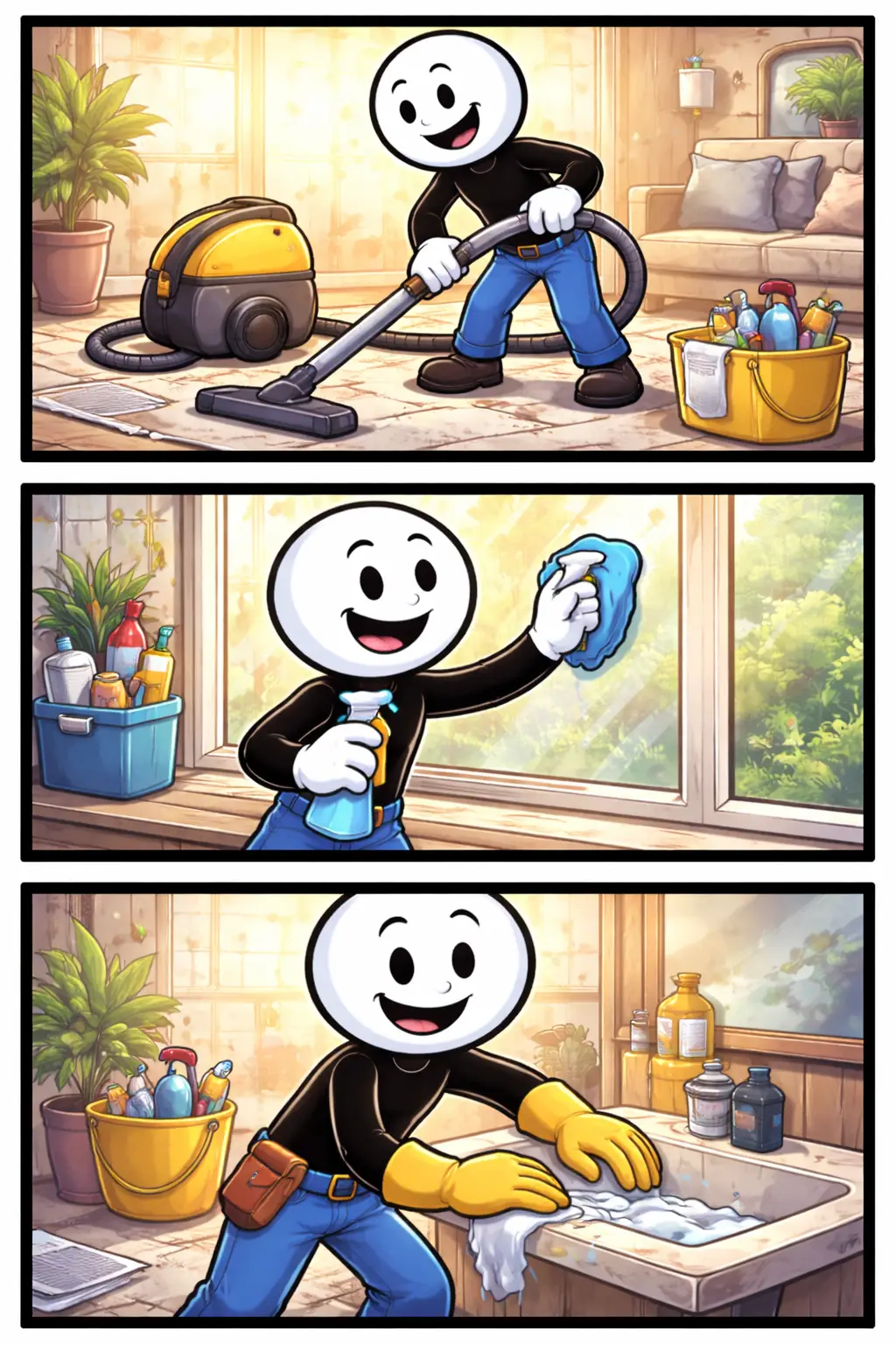 Stickman die een ruimte schoonmaakt als Toonword voor schoonmaakwerk.