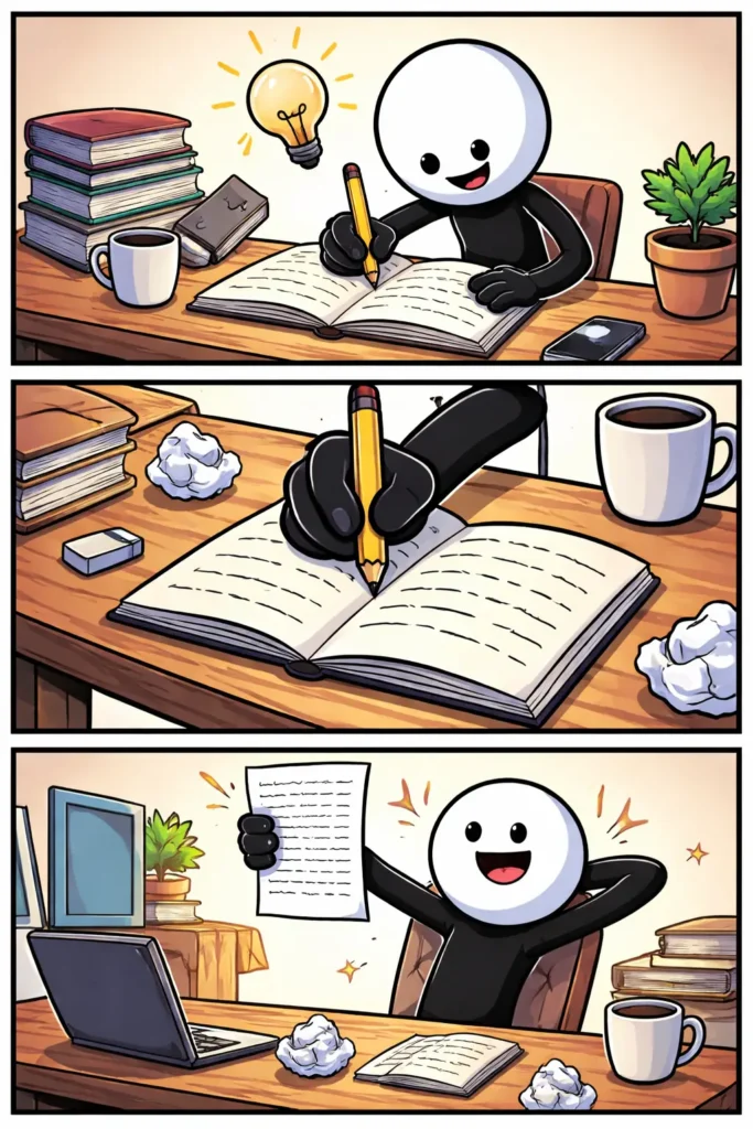 Stripafbeelding in Toonwords-stijl van een stickman die bezig is met schrijven; drie panelen met verschillende camerastandpunten bij het woord ‘schrijven’.