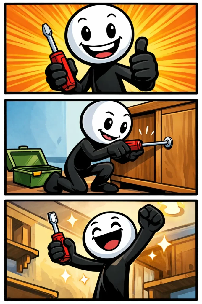 Stickman gebruikt een schroevendraaier in drie panelen in Toonwords-stijl voor het woord schroevendraaier.