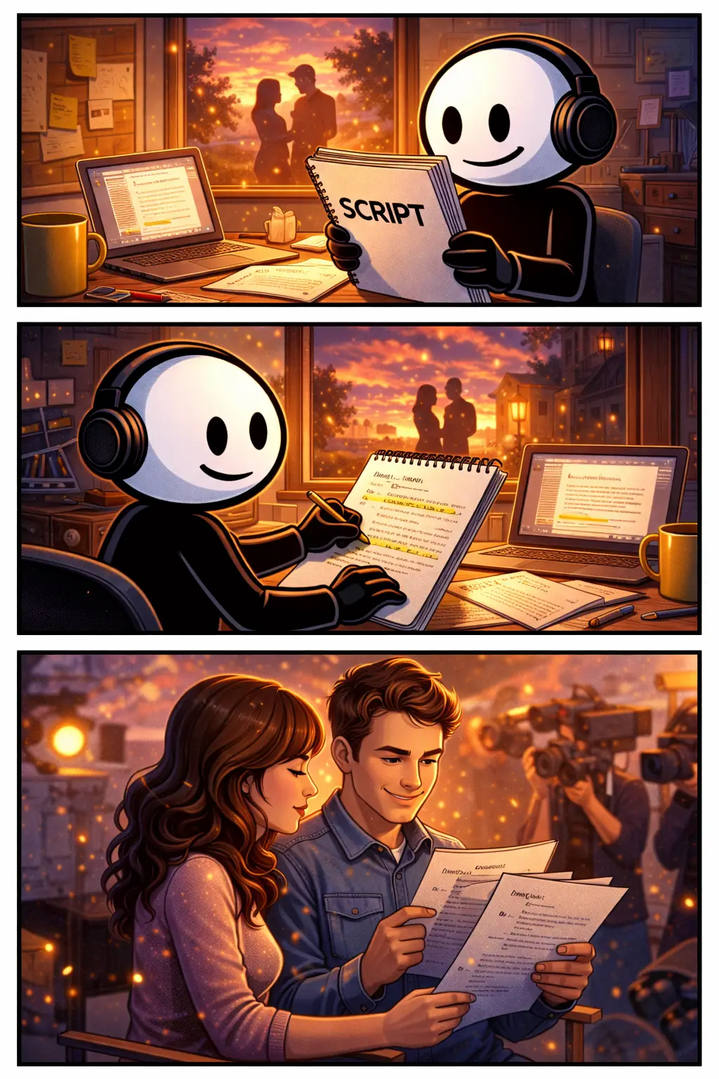 Toonwords-strip met een stickman in drie verticale panelen die een script leest, schrijft en gebruikt tijdens filmopnames.