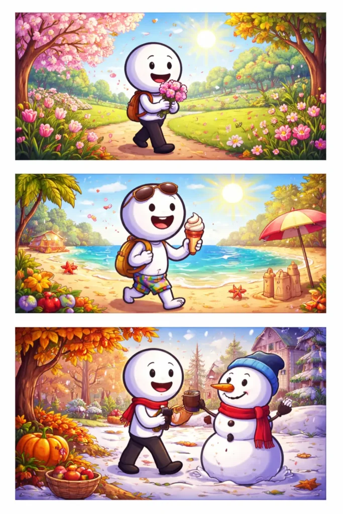 Stripafbeelding van een stickman in Toonwords-stijl die verschillende seizoenen beleeft, met wisselend weer en natuur door het jaar heen.
